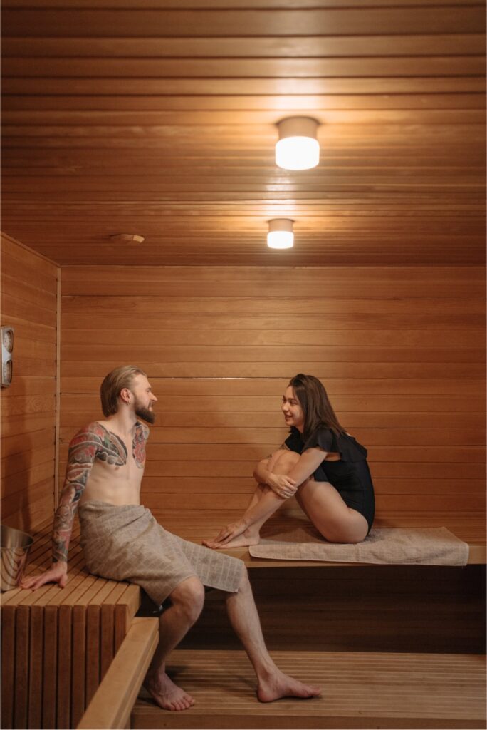 Image of fit people sat in a sauna together